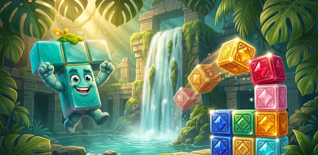 Tee the turquoise block cheering in a jungle temple beside a stack of gem blocks